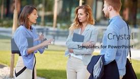  Presentation with group - Audience pleasing theme consisting of group-of-businesspeople-two-female backdrop and a light blue colored foreground