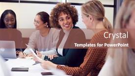  Presentation with creative - Presentation theme with group-of-businesswomen-collaborating background and a coral colored foreground