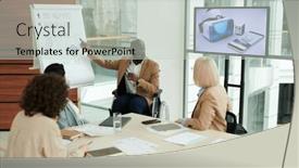  Presentation with whiteboard - Slide set having group-of-businesswomen-listening background and a light gray colored foreground