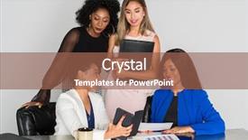  Presentation with working together - Colorful PPT theme enhanced with group of businesswomen working together backdrop and a  colored foreground