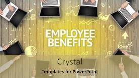  Presentation with employee benefits - Cool new PPT theme with group-of-busy-people-working backdrop and a yellow colored foreground
