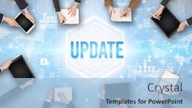  Presentation with busy - Audience pleasing presentation design consisting of group-of-busy-people-working backdrop and a light blue colored foreground