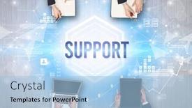  Presentation with group support - Audience pleasing PPT layouts consisting of group-of-busy-people-working backdrop and a light blue colored foreground