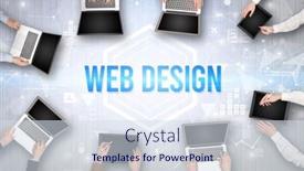  Presentation with web design - Colorful slides enhanced with group-of-busy-people-working backdrop and a sky blue colored foreground