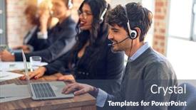  Presentation with call center - Audience pleasing slides consisting of group-of-call-center-workers backdrop and a ocean colored foreground