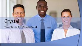  Presentation with dealership - Slide set enhanced with group of car dealership staff background and a light blue colored foreground