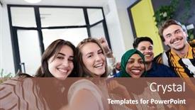  Presentation with people enjoying - Audience pleasing presentation theme consisting of group-of-casual-multiethnic-business backdrop and a violet colored foreground