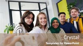  Presentation with people enjoying - Cool new presentation design with group-of-casual-multiethnic-business backdrop and a coral colored foreground