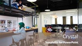  Presentation with business casual - Beautiful presentation design featuring group-of-casual-multiethnic-business backdrop and a coral colored foreground