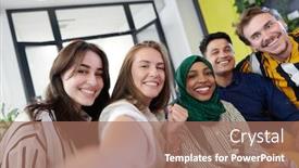  Presentation with people enjoying - Presentation consisting of group-of-casual-multiethnic-business background and a coral colored foreground