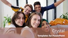  Presentation with business casual - Presentation theme with group-of-casual-multiethnic-business background and a coral colored foreground