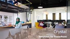  Presentation with business casual - PPT theme having group-of-casual-multiethnic-business background and a gray colored foreground