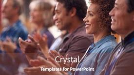  Presentation with group - Slide deck with group-of-casually-dressed-businessmen background and a tawny brown colored foreground