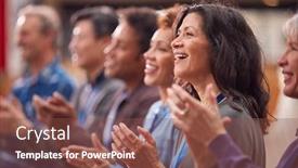  Presentation with small group - PPT theme featuring group-of-casually-dressed-businessmen background and a tawny brown colored foreground