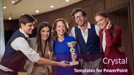  Presentation with hotel business - Slide deck consisting of group-of-cheerful-business-people background and a wine colored foreground