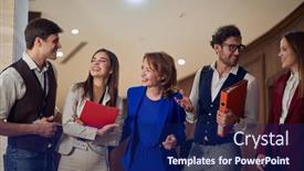  Presentation with hotel business - Presentation theme with group-of-cheerful-business-people background and a navy blue colored foreground