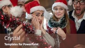  Presentation with work celebration - Cool new PPT theme with group-of-cheerful-colleagues-having backdrop and a tawny brown colored foreground