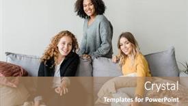  Presentation with rest - Presentation design featuring group of cheerful friendly girls relaxing on soft comfortable sofa in front of camera and enjoying home rest background and a coral colored foreground