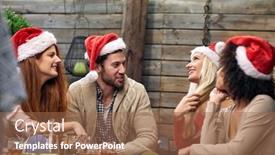  Presentation with christmas party - Amazing slide deck having group-of-cheerful-friends-chatting backdrop and a coral colored foreground