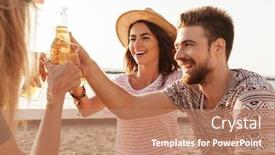  Presentation with toasting - PPT layouts enhanced with group of cheerful friends dressed in summer clothing toasting with beer bottles at the beach background and a coral colored foreground