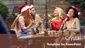  Presentation with sprinkles - PPT theme consisting of group-of-cheerful-friends-holding background and a tawny brown colored foreground