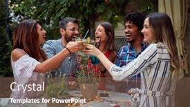  Presentation with friends - Cool new presentation theme with group-of-cheerful-friends-making backdrop and a violet colored foreground