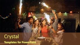  Presentation with party time - Colorful PPT layouts enhanced with group-of-cheerful-friends-playing backdrop and a tawny brown colored foreground