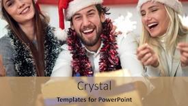  Presentation with christmas party - Beautiful theme featuring group-of-cheerful-friends-posing backdrop and a coral colored foreground