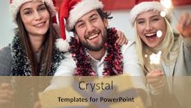  Presentation with christmas party - Colorful slide deck enhanced with group-of-cheerful-friends-posing backdrop and a coral colored foreground