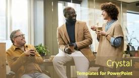  Presentation with managers - PPT layouts featuring group-of-cheerful-intercultural-office background and a coral colored foreground