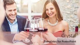 Presentation with restaurant toasting - Colorful PPT theme enhanced with group-of-cheerful-people-sitting backdrop and a coral colored foreground