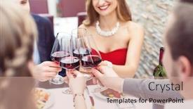  Presentation with restaurant toasting - Audience pleasing PPT theme consisting of group-of-cheerful-people-sitting backdrop and a coral colored foreground