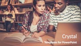  Presentation with university library - PPT layouts with group of cheerful students studying background and a coral colored foreground