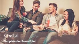  Presentation with popcorn - Slide deck with group of cheerful students with drinks and popcorn in home interior background and a coral colored foreground