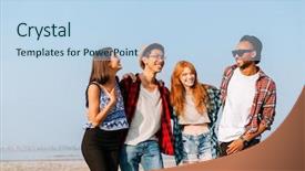  Presentation with friends - Cool new presentation theme with group of cheerful young friends backdrop and a  colored foreground