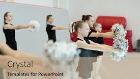  Presentation with cheerleading - Audience pleasing PPT theme consisting of group-of-cheerleading-girls backdrop and a coral colored foreground