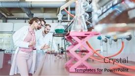  Presentation with laboratory chemical - PPT theme featuring group-of-chemical-scientists-working background and a coral colored foreground