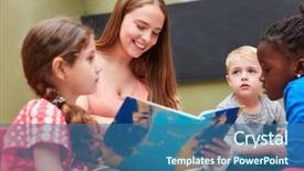  Presentation with storybook - Beautiful presentation design featuring child care worker center education - group of children and educators backdrop and a light gray colored foreground