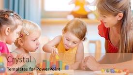  Presentation with teacher - Colorful PPT layouts enhanced with group-of-children-and-teacher backdrop and a coral colored foreground