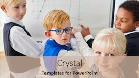  Presentation with planning - Colorful presentation design enhanced with group-of-children-as-business backdrop and a soft green colored foreground