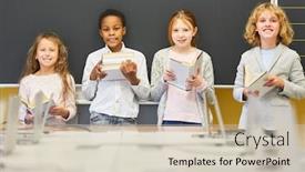  Presentation with many books - Colorful slide set enhanced with group-of-children-as-pupils backdrop and a soft green colored foreground