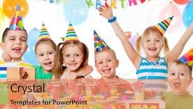  Presentation with children birthday - Amazing presentation having group of children at birthday backdrop and a coral colored foreground