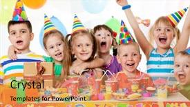  Presentation with children birthday - Presentation design enhanced with group of children at birthday background and a coral colored foreground