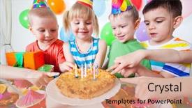 Presentation with children birthday - Presentation featuring group of children at birthday background and a coral colored foreground