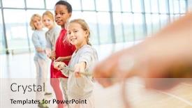  Presentation with physical education - Audience pleasing presentation theme consisting of group-of-children-at-tug backdrop and a lemonade colored foreground