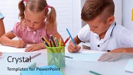  Presentation with children - Beautiful PPT theme featuring group-of-children-drawing backdrop and a arctic colored foreground