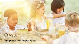  Presentation with school garden - Slides having group-of-children-eat-cereal background and a lemonade colored foreground
