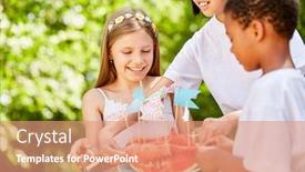  Presentation with children birthday - Slides enhanced with group-of-children-eat background and a coral colored foreground