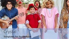  Presentation with summer camp show - Audience pleasing slides consisting of group-of-children-in-carnival backdrop and a light blue colored foreground