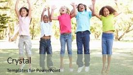  Presentation with pepl jumping up in the air - Slide deck with five energetic people - group of children jumping background and a mint green colored foreground